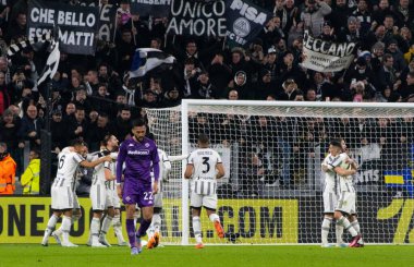 Juventus Celebrate Adrien Rabiot After Score during italian soccer Serie A match Juventus FC vs ACF Fiorentina at the Allianz Stadium in Turin, Italy, February 12, 2023 - Credit: Nicolas Morassutt