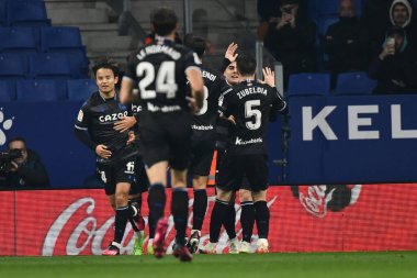 Take (Real Sociedad) and Le Normand (Real Sociedad) during Spanish football La Liga match Espanyol vs Real Sociedad at the RCD Espanyol Stadium in Barcelona, Spain, February 13, 2023 - Credit: Felipe Mondin