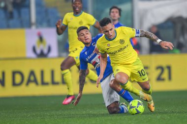 Bruno Amione (Sampdoria) - Lautaro Javier Martinez (Inter) during italian soccer Serie A match UC Sampdoria vs Inter - FC Internazionale at the Luigi Ferraris stadium in Genova, Italy, February 13, 2023 - Credit: Danilo Vig