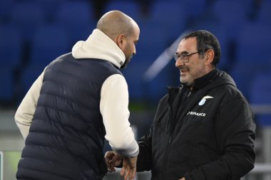 S.S. LAZIO 'dan Pascal Jansen ve Maurizio Sarri, 7 Mart 2023' te Roma 'daki Stadio Olimpico' da S.S. Lazio ve AZ Alkmaar arasında düzenlenen UEFA Avrupa Konferans Ligi 'nin 16. - Fotoğraf: Domenico Cippitelli