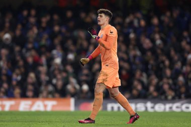 Chelsea FC 'den Kepa Arrizabalaga, UEFA Şampiyonlar Ligi Chelsea FC - Borussia Dortmund maçında Londra' daki Stamford Köprüsü 'nde görülüyor.
