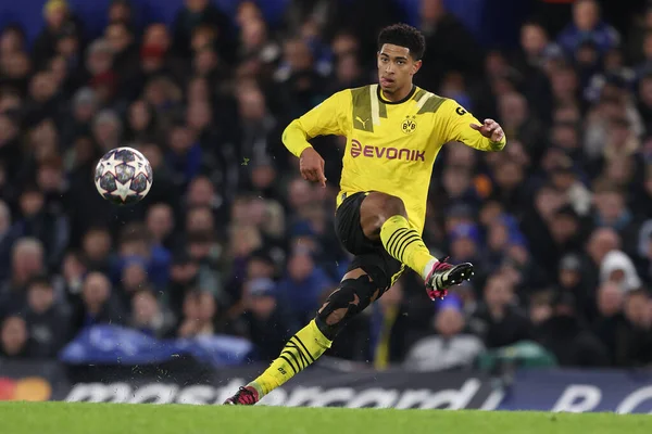 stock image Jude Bellingham of Borussia Dortmund shoots the ball  during UEFA Champions League football match Chelsea FC vs Borussia Dortmund at the Stamford Bridge in London, United Kingdom, March 07, 2023 - Credit: Francesco Scaccianoc