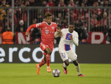Fc Bayern Münih 'ten Kingsley Koman ve Uefa Şampiyonlar Ligi sırasında Fc Paris Saint-Germain' den Nuno Mendes, 08 Mart 2023 'te Allianz Arena, Münih' te Fc Bayern Münih ile Paris Saint-Germain arasında oynanan futbol maçı, Almanya Fotoğraf: Ndrerim Kaceli - C