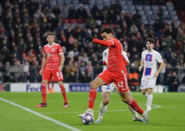 Fc Bayern Münih 'ten Jamal Musiala Uefa Şampiyonlar Ligi sırasında, Fc Bayern Münih ile Paris Saint-Germain arasında 08 Mart 2023 tarihinde Allianz Arena, Münih, Almanya Fotoğraf: Ndrerim Kaceli / LiveMedi