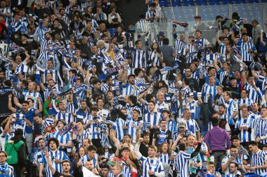 Real Sociedad taraftarı UEFA Avrupa Ligi 2022-2023 sezonunda AS Roma ve Real Sociedad arasında 9 Mart 2022 'de Roma Olimpiyat Stadyumu' nda oynanan futbol maçında. - Fotoğraf: Fabrizio Corradetti / LiveMedi