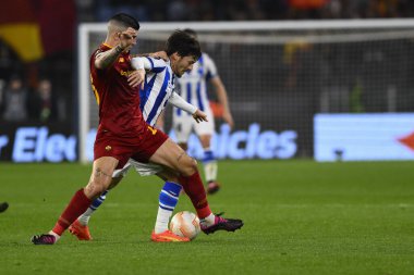 Real Sociedad de Futbol 'dan David Silva ve A.S. Roma' dan Gianluca Mancini, 9 Mart 2023 'te Roma' daki Stadio Olimpico 'da A.S. Roma ile Real Sociedad de Futbol arasında oynanan UEFA Avrupa Ligi' nin 16. - Fotoğraf: Domeni