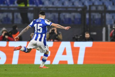 Real Sociedad de Futbol takımından Diego Rico, 9 Mart 2023 'te Roma' daki Stadio Olimpico 'da A.S. Roma ile Real Sociedad de Futbol arasında oynanan UEFA Avrupa Ligi' nin 16. - Fotoğraf: Domenico Cippitelli / LiveMedi