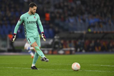 Real Sociedad de Futbol takımından Alejandro Remiro, 9 Mart 2023 'te Roma' daki Stadio Olimpico 'da A.S. Roma ve Real Sociedad de Futbol arasında oynanan UEFA Avrupa Ligi' nin 16. - Fotoğraf: Domenico Cippitelli / LiveMedi