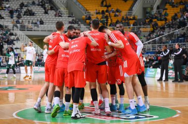 Euroleague maçında Crvena Zvezda Meridianbet Belgrad 'ın oyuncuları, 28. Raunt, Panathinaikos Atina ile Crvena Zvezda Meridianbet Belgrad arasında 10 Mart 2023' te Atina, Yunanistan 'da oynanan karşılaşma. - Fotoğraf: Stefanos Kyriazis / LiveMedi