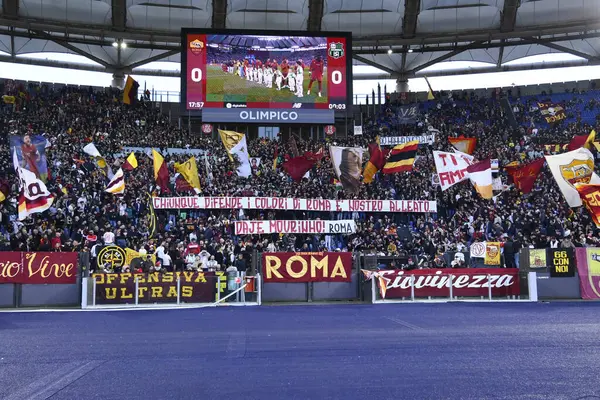 stock image Supporters of A.S Roma for Jose Mourinho during the 26th day of the Serie A Championship between A.S. Roma vs U.S. Sassuolo on March 12, 2023 at the Stadio Olimpico, Rome, Italy. - Credit: Domenico Cippitelli/LiveMedi