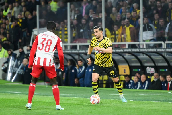 Yunanistan Süper Ligi Maçı sırasında AEK FC 'den 28 EHSAN HAJSAFI, 12 Mart 2023 tarihinde Atina, Yunanistan' da OPAP Arena 'da AEK FC ve Olympiacos FC arasında oynanan karşılaşma. - Fotoğraf: Stefanos Kyriazis / LiveMedi