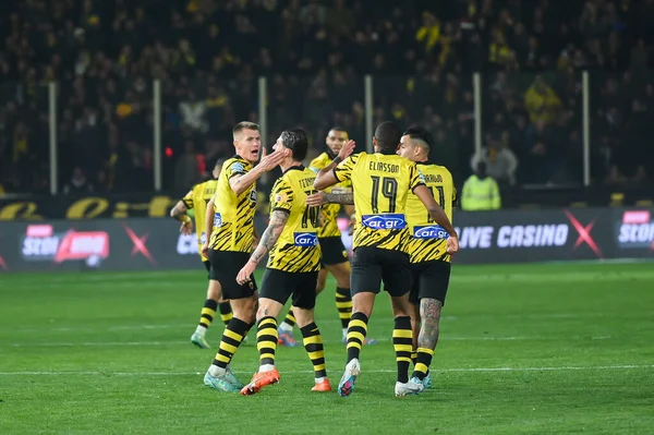 stock image Players of AEK FC celebrating the goal of 10 STEVEN ZUBER during the Greek Super League, Matchday 26, match between AEK FC and Olympiacos FC at OPAP Arena on March 12, 2023, in Athens, Greece. - Credit: Stefanos Kyriazis/LiveMedi