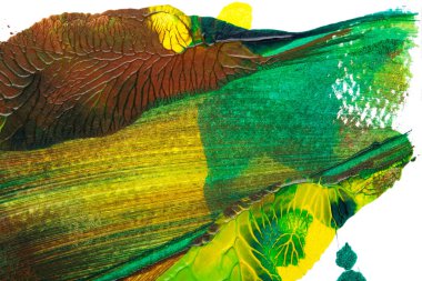 yeşil sarı ve kahverengi soyut akrilik boya renk dokusu beyaz kağıt arkaplan üzerinde rorschach mürekkep lekesi yöntemi kullanılarak