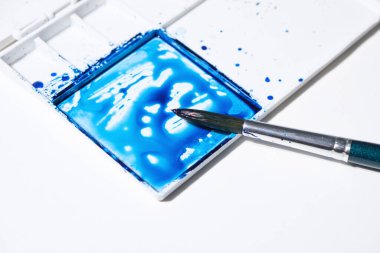 Sanatçı suluboya karıştırma palet çanağı beyaz arka planda logo ve afiş için. tasarım, yaratıcı ve illüstrasyon.