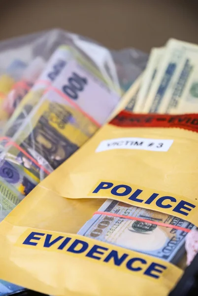 Evidence bag next to dollar banknotes in a crime investigation unit, concept image