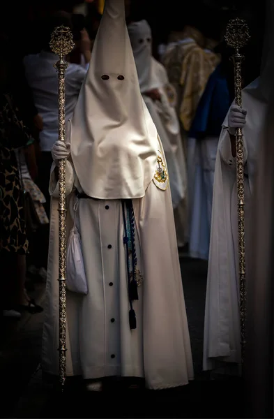 Penitent White Tunic Supports Support Staff Atonement Station Spain — Stock Photo, Image