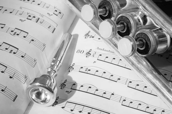 Una Vista Del Instrumento Musical Que Trompeta Sobre Fondo Partitura —  Fotos de Stock
