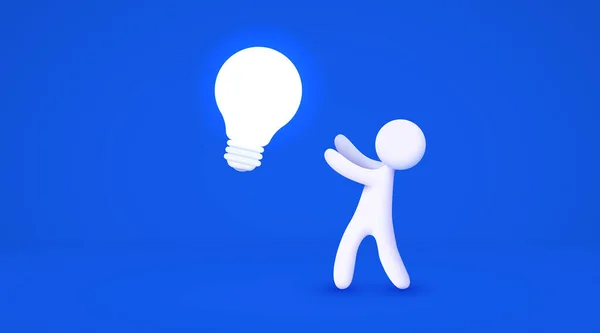 大きな電球を持っている3D白い漫画の男 アイデアのコンセプト 隔離された青の背景 ベクターイラスト — ストックベクタ