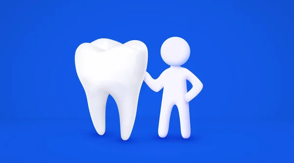 Branco Cartoon Homem Segurando Dente Grande Conceito Odontologia Fundo Azul — Vetor de Stock