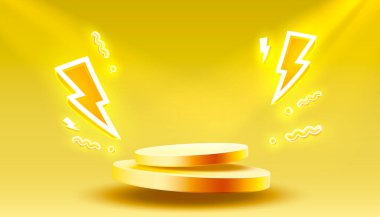 Elektro sahne mega satışı, tehlikeli podyum afişi, neon gece kaidesi. Vektör illüstrasyonu