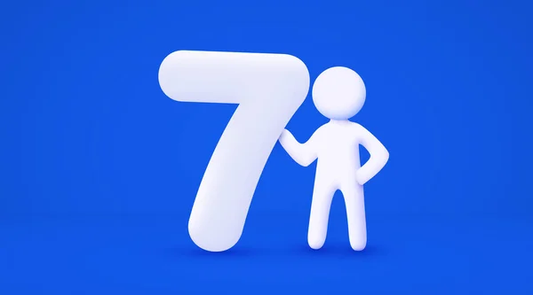White Cartoon Man Holding Big Number Number Seven Isolated Blue — Stock Vector