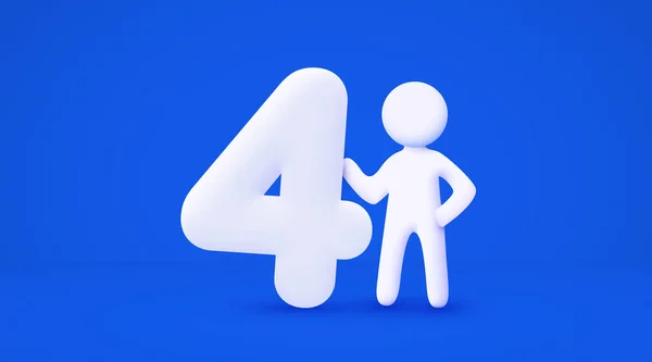 Bílý Kreslený Muž Drží Velké Číslo4 Číslo Čtyři Izolované Modré — Stockový vektor