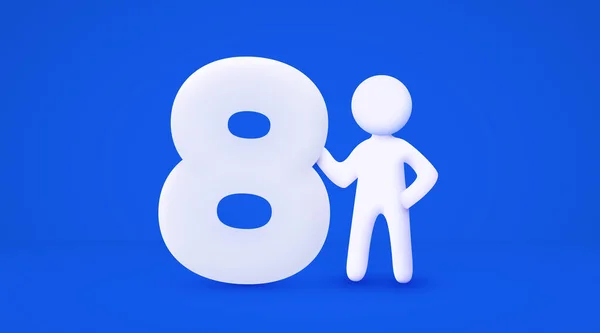 Bílý Kreslený Muž Drží Velké Číslo8 Číslo Osm Izolované Modré — Stockový vektor