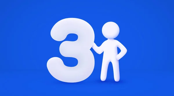 Bílý Kreslený Muž Drží Velké Číslo3 Číslo Tři Izolované Modré — Stockový vektor
