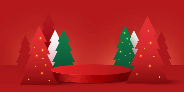 戏弄一下现场 化妆品和产品展示用的软垫 舞台基座或平台 冬季圣诞红色背景与圣诞树 矢量说明 — 图库矢量图片