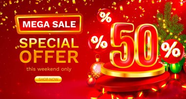 Mutlu Noeller,% 50 indirim. Yaratıcı kompozisyon indirimi. Satış afişi ve poster. Vektör illüstrasyonu.