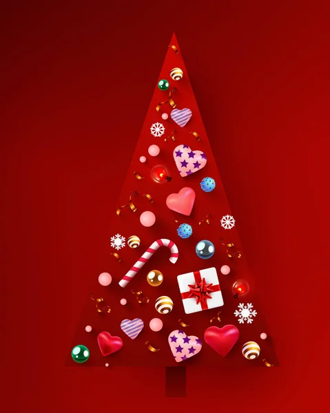 Creative Triangle Christmas Tree Made Shiny Balls Confetti Candies Hearts — Stock Vector