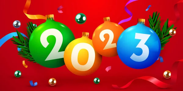 Happy New Year Banner Decoration Balls Confetti Vector Illustration — Stock Vector