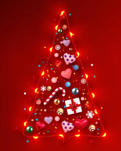 Creative Triangle Christmas Tree Made Garland Shiny Balls Confetti Candies — Stock Vector