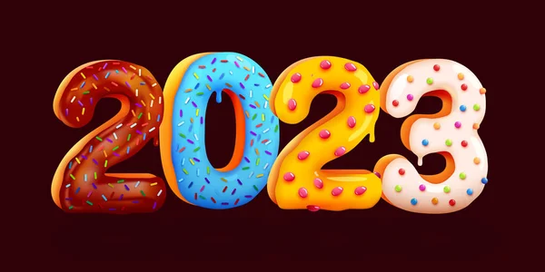 Νόστιμο Ευχετήρια Κάρτα Ευτυχισμένο Νέο Έτος 2023 Πολύχρωμα Στιλβωμένα Γλυκά — Διανυσματικό Αρχείο