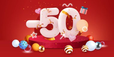 Yüzde 50 indirim. Yaratıcı kompozisyon indirimi. Mutlu Noeller ve mutlu yıllar. Satış afişi ve poster. Vektör illüstrasyonu.