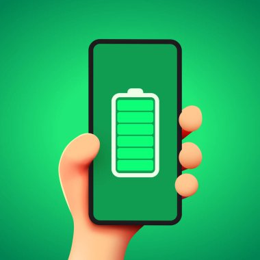 Şarjı dolu cep telefonu tutan sevimli çizgi film karakteri. Pil yaşam konsepti. Vektör illüstrasyonu