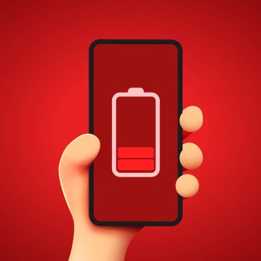 Cep telefonunun şarjı az olan şirin bir çizgi film karakteri. Pil yaşam konsepti. Vektör illüstrasyonu