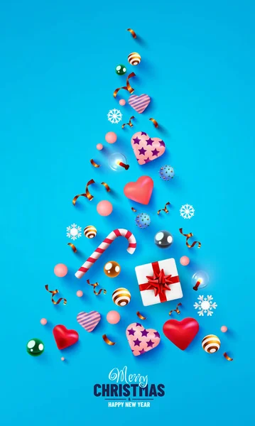 Creative Triangle Christmas Tree Made Shiny Balls Confetti Candies Hearts — Stock Vector