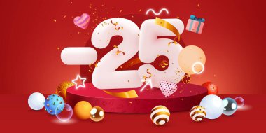 Yüzde 25 indirim. Yaratıcı kompozisyon indirimi. Mutlu Noeller ve mutlu yıllar. Satış afişi ve poster. Vektör illüstrasyonu.