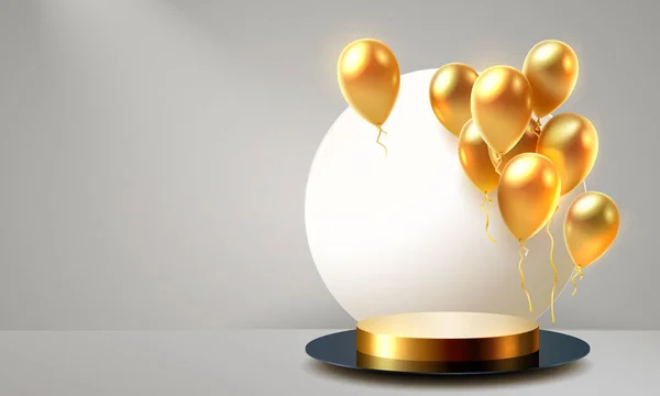 Ballon Gouden Podium Aanwezig Vieren Gelukkige Verjaardag Gouden Platform Banner — Stockvector