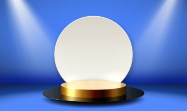 Altın kürsü ışıklandırmalı, sahne podyumu sahnesi ödüllü, dekor unsurlu. Vektör illüstrasyonu