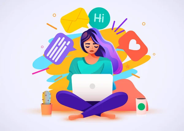 Woman Sitting Laptop Social Media Chatting Concept Vector Illustration — Stock Vector