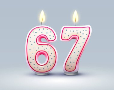 Doğum günün kutlu olsun. Doğum gününün 67 'nci yıldönümü, Candle numara şeklinde. Vektör illüstrasyonu