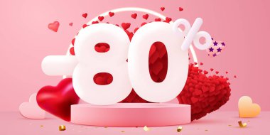 80 percent Off. Discount creative composition. 3d sale symbol with decorative objects. Valentines day promo. Sale banner and poster. Vector illustration.