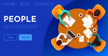 Team works together around a round table. Teamwork, brainstorming, startup. Flat vector illustration.