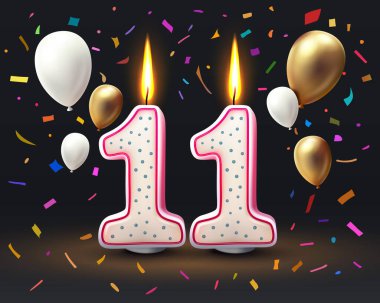 Doğum günün kutlu olsun. Doğum gününün 11. yıldönümü, Candle numara şeklinde. Vektör illüstrasyonu