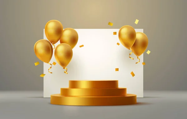 Золотой Подиум Воздушным Шаром Подарок Отпраздновать День Рождения Золотая Платформа — стоковый вектор
