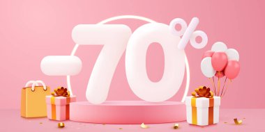 Yüzde 70 indirim. Yaratıcı kompozisyon indirimi. Dekoratif nesneler, balonlar ve hediye kutusuyla satılan sembol. Satış afişi ve poster. Vektör illüstrasyonu.