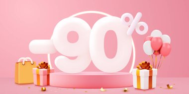 Yüzde 90 indirim. Yaratıcı kompozisyon indirimi. Dekoratif nesneler, balonlar ve hediye kutusuyla satılan sembol. Satış afişi ve poster. Vektör illüstrasyonu.