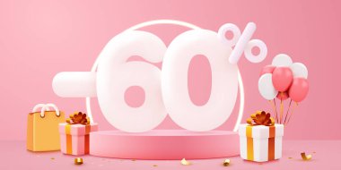 Yüzde 60 indirimli. Yaratıcı kompozisyon indirimi. Dekoratif nesneler, balonlar ve hediye kutusuyla satılan sembol. Satış afişi ve poster. Vektör illüstrasyonu.